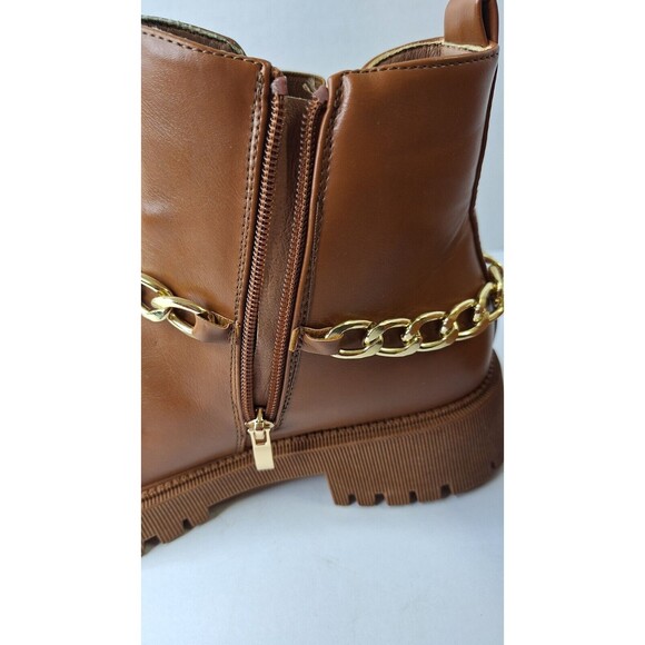 Women's Brown Lugged Sole Chunky Ankle Boots/Booties w/ Gold Chain Sz 10 Grunge - Picture 10 of 11